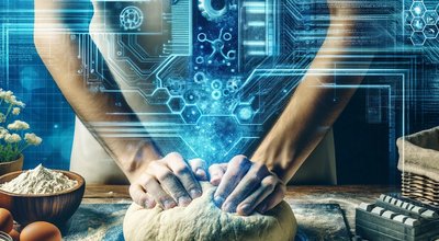DALL·E 2024-09-20 11.06.11 - An artistic representation of bread baking combined with software development. The image shows a baker kneading dough on a workbench that doubles as a